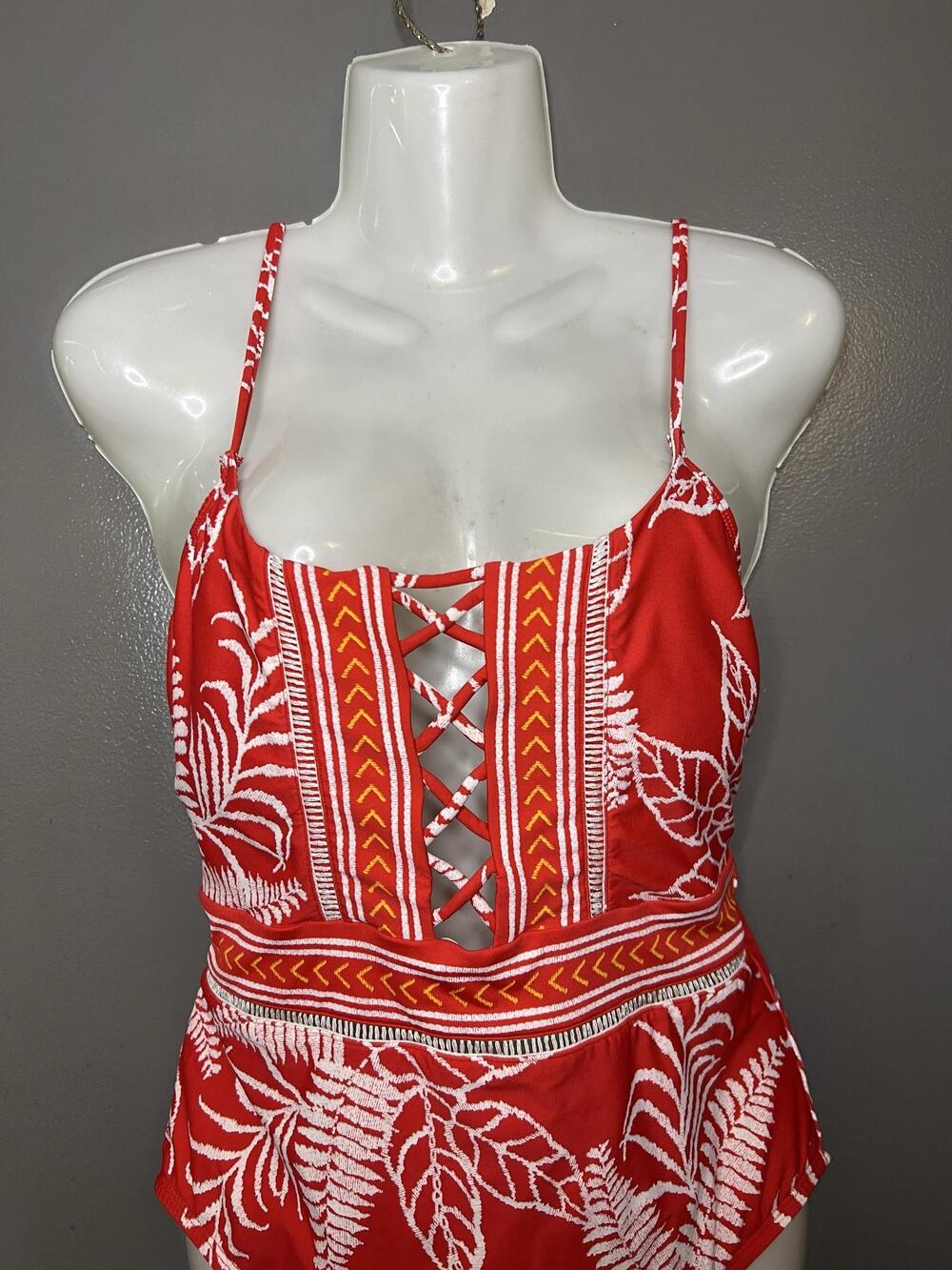 La Blanca Swimsuit Womens 10 Red Tropical Lace Up One Piece Strappy Back